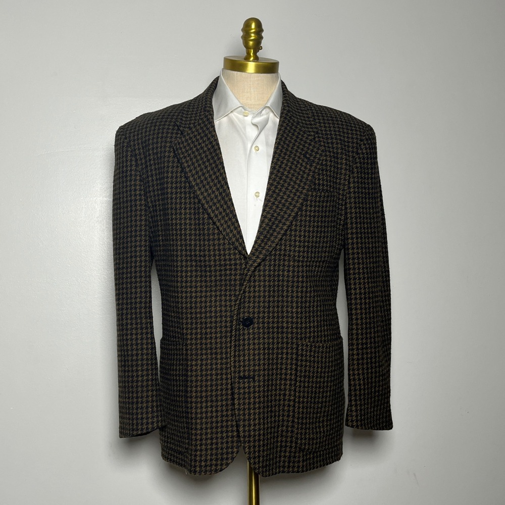 America Perry Ellis Blazer Mens 42R Brown Houndstooth Vintage Wool Sport Coat